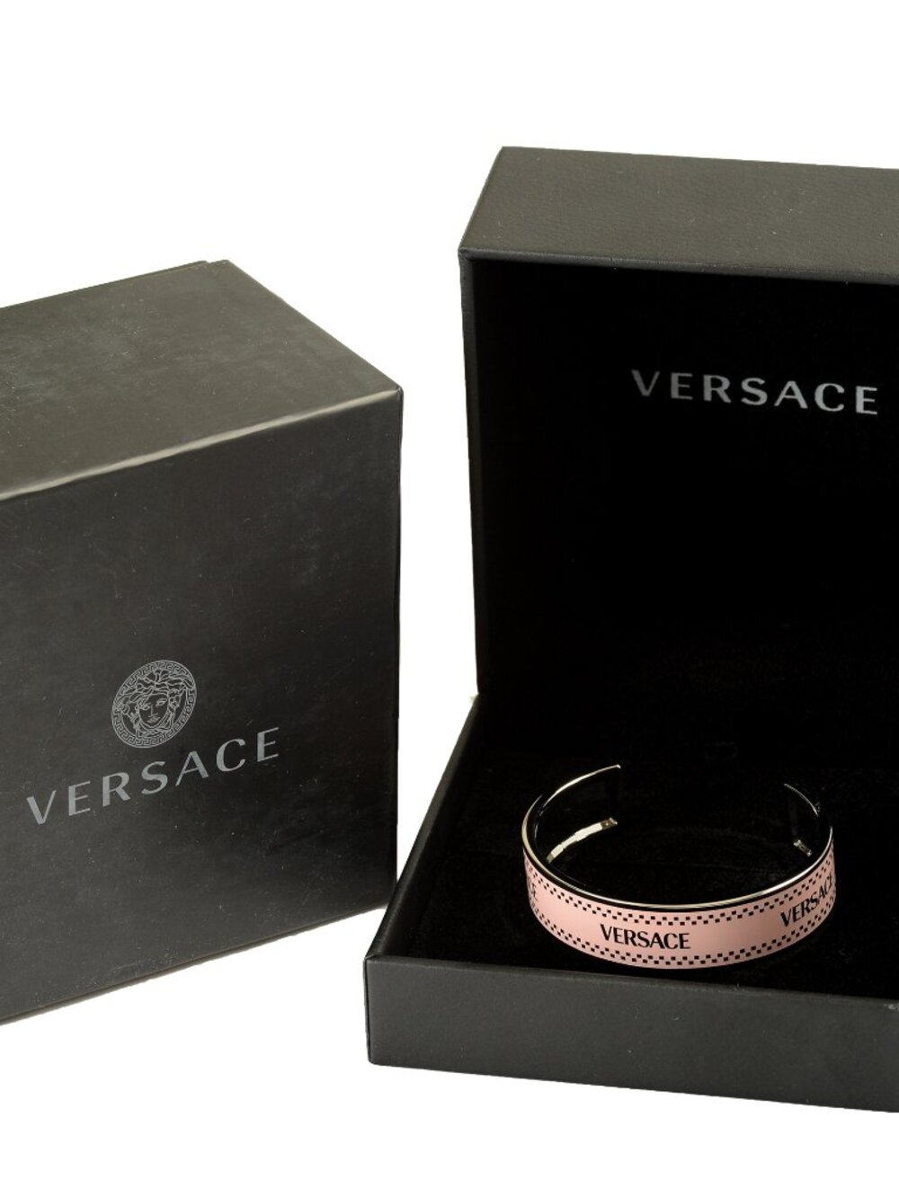 Versace Pink & Silver Color Metal Logo Print Cuff Bracelet